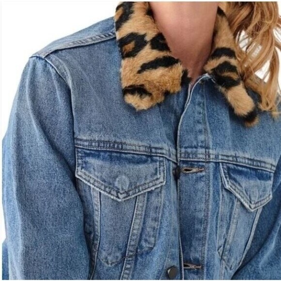 DL 1961 Clyde Classic Trucker Jean Jacket NWT Leopard Fur Collar Retail $249 S - Picture 2 of 11